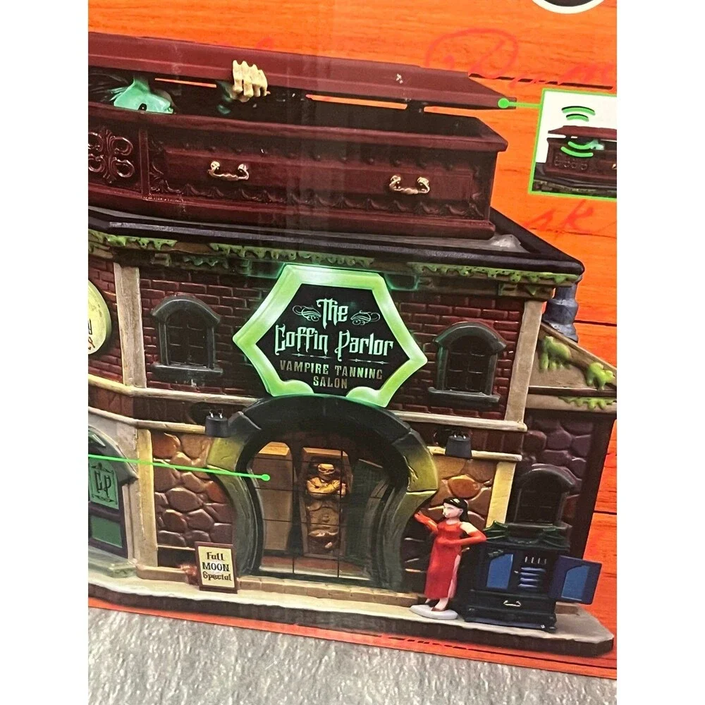 Lemax Spooky Halloween The Coffin Parlor Vampire Tanning Salon Town Decor